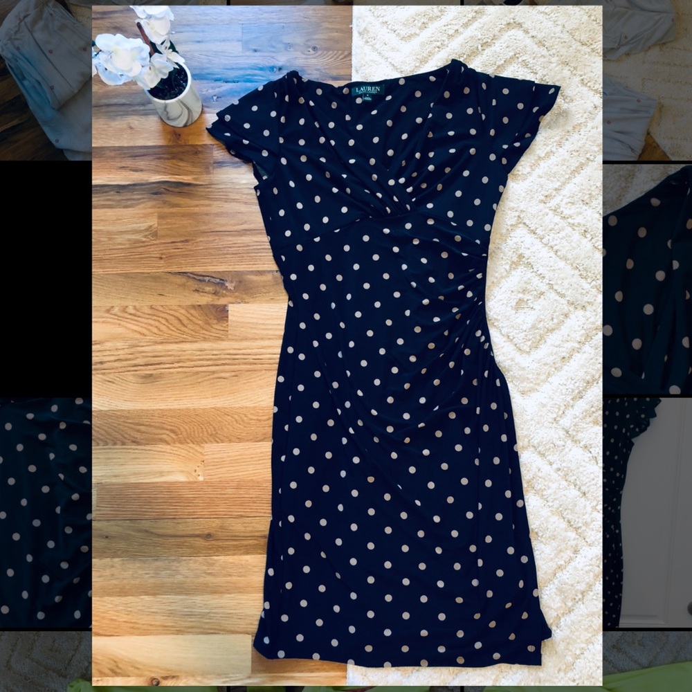Ralph Lauren Navy Polka Dot Midi Dress Size 8